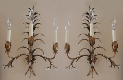 Pair Italian Florentine Gilded Tole & Crystal Sconces